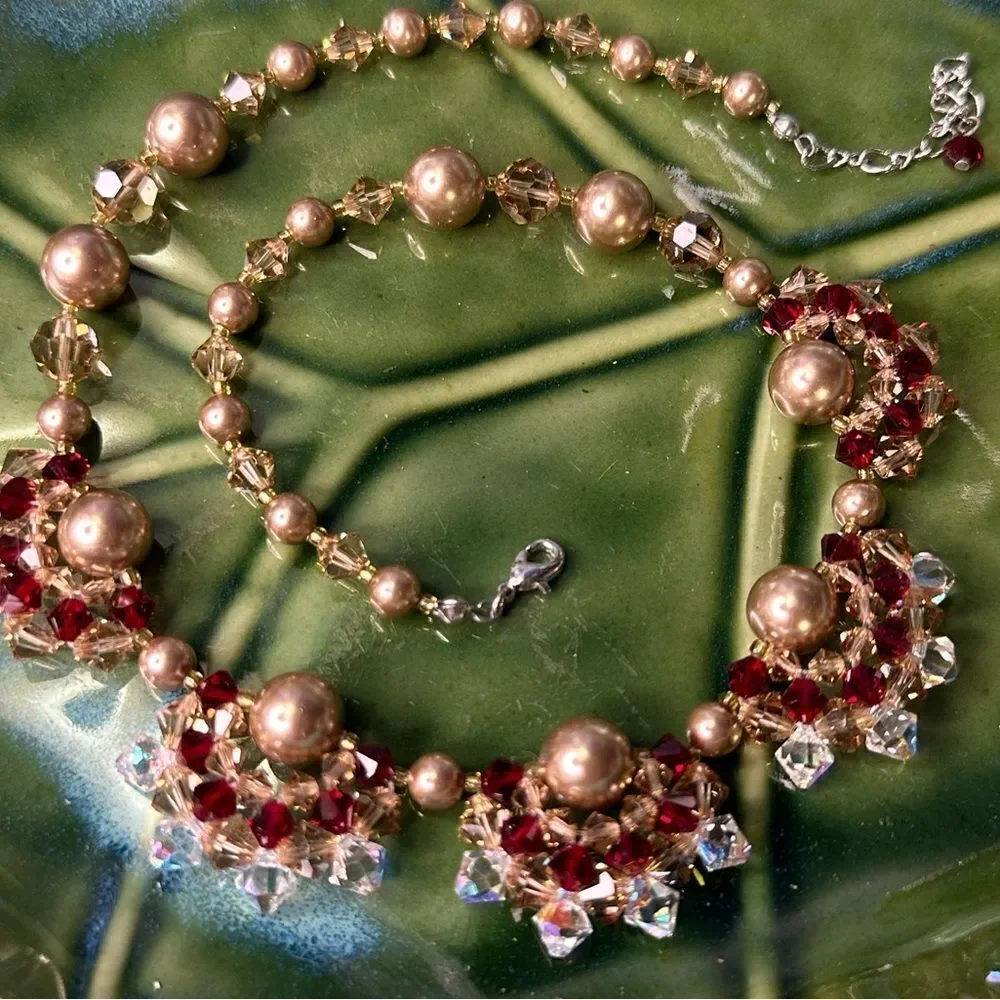 Handcrafted Gold & Garnett Color Beaded Crystal Necklace 16”